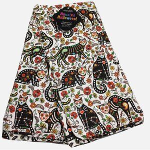 x2 Halloween Black Skeleton Sugar Skull Cat Kitchen Towel Set Roses Day of Dead
